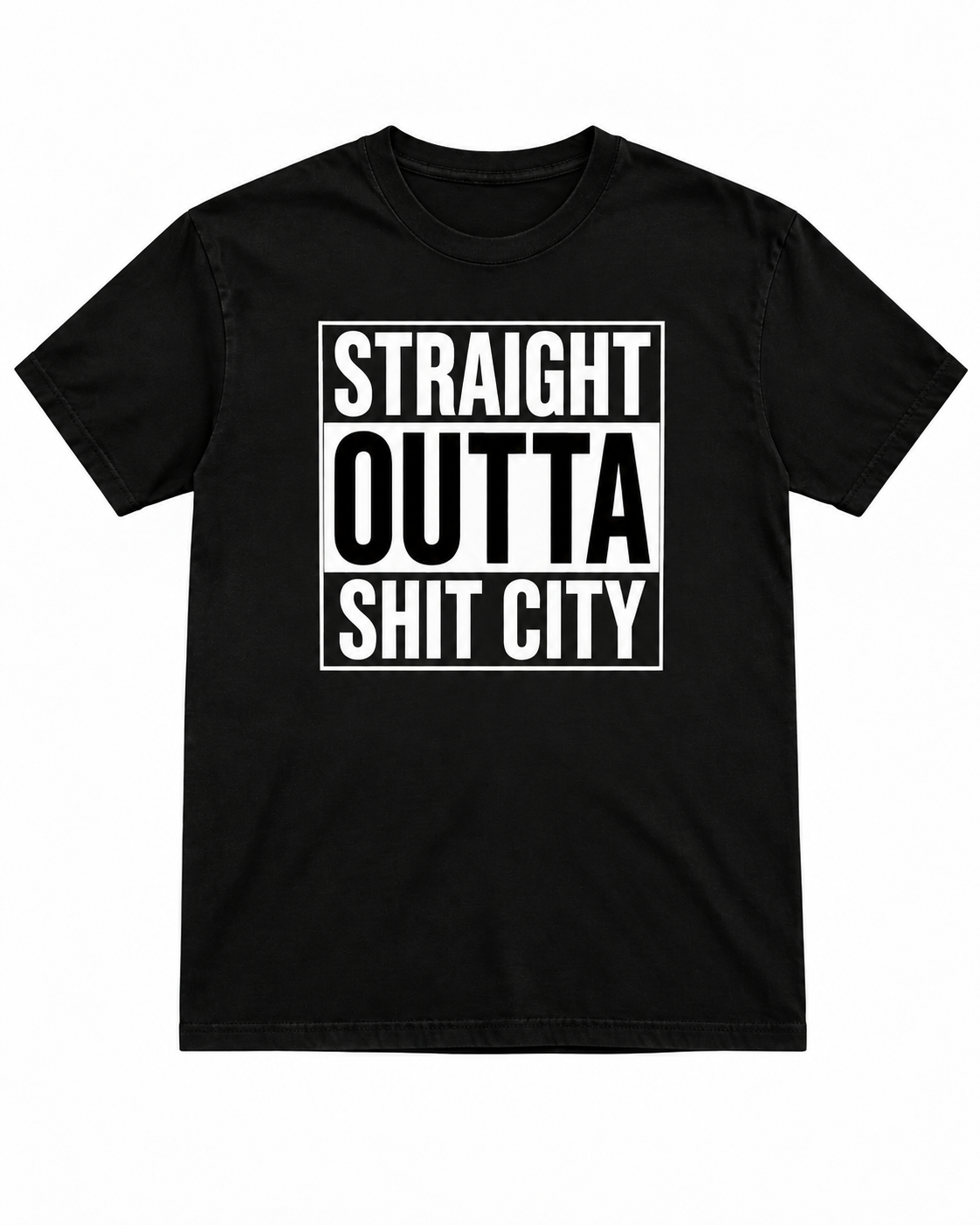 Straight Outta Shit City black front print T-shirt