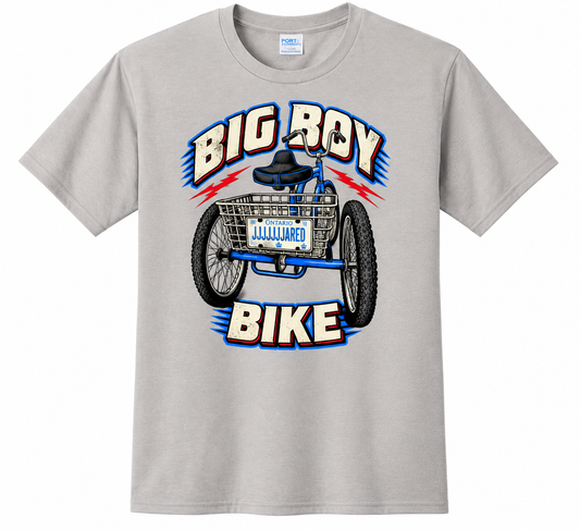 Jared Nathan Big Boy Bike T-shirt alternate mockup featuring the retro tricycle illustration.