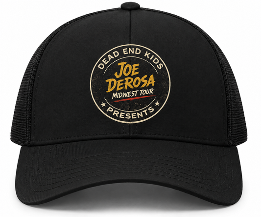 Joe DeRosa 2026 Midwest Tour black mesh-back trucker hat with circular tour logo, alternate product image 2