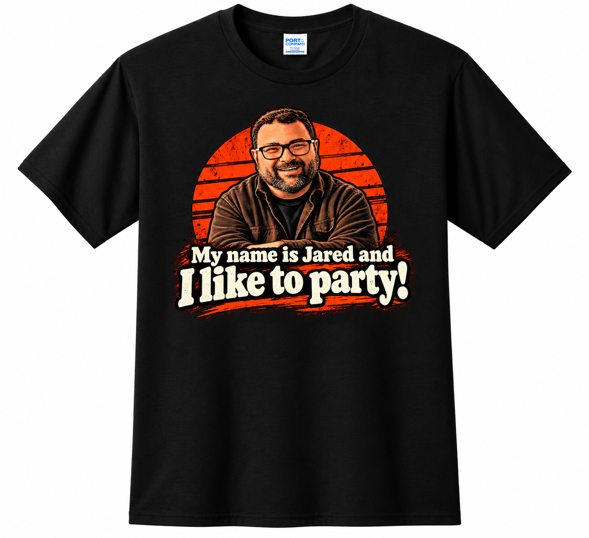 Jared Nathan My Name Is Jared and I Like to Party black graphic T-shirt with retro illustration.