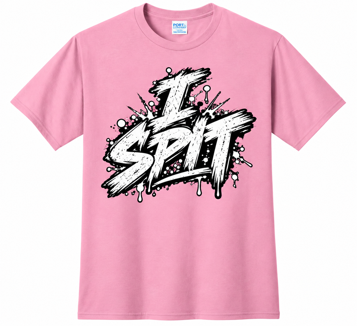 Pink Jared Nathan I SPIT graphic T-shirt featuring bold graffiti-style front lettering.