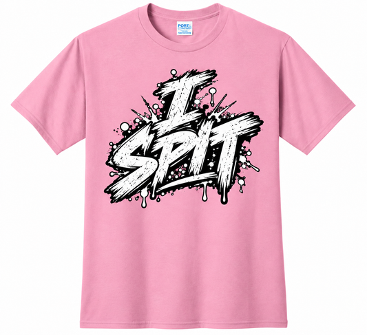 Pink Jared Nathan I SPIT graphic T-shirt featuring bold graffiti-style front lettering.