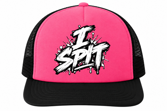 Jared Nathan I SPIT pink and black trucker hat with graffiti-style front print.