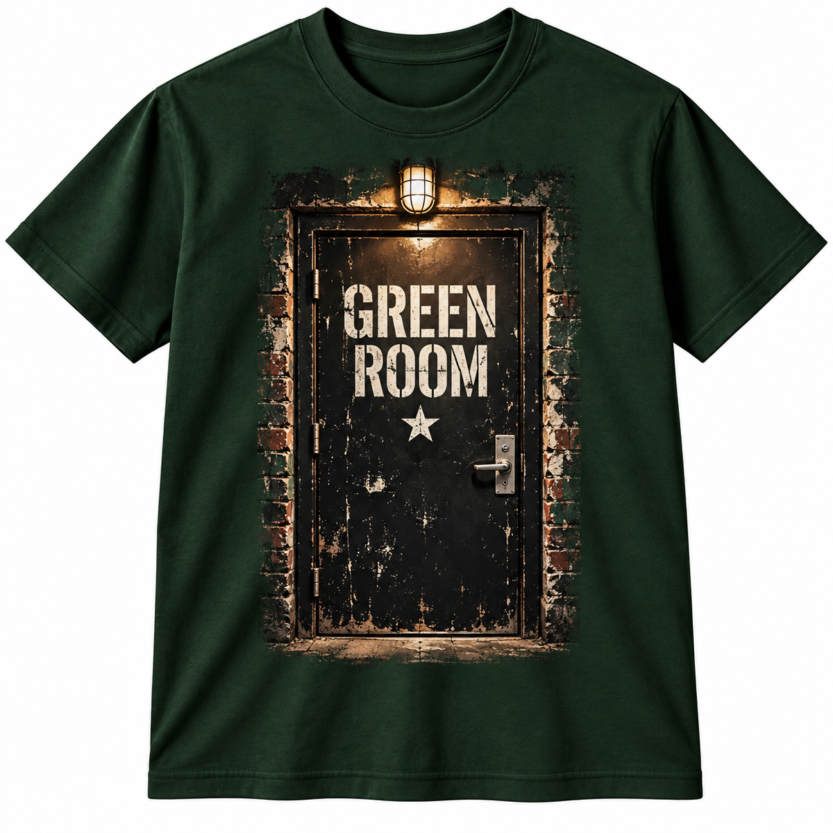 Green Room backstage door graphic on forest green T-shirt