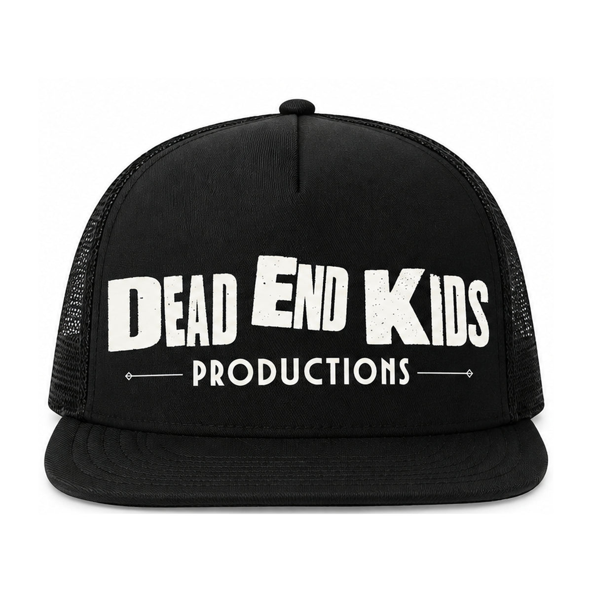 Dead End Kids Productions – Black Flat Bill Trucker Hat front view on white background