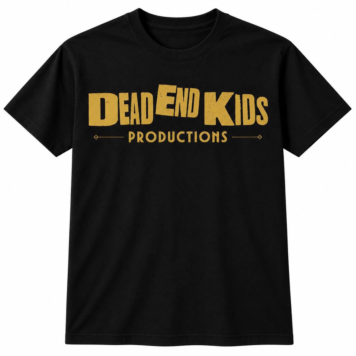 Dead End Kids Productions gold logo on black tee, full front white background