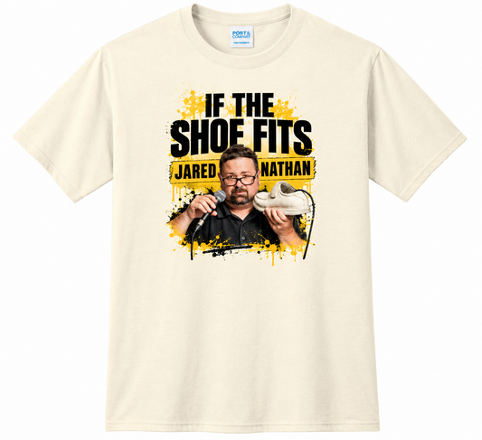 Jared Nathan If the Shoe Fits graphic tee in Gardenia, front view