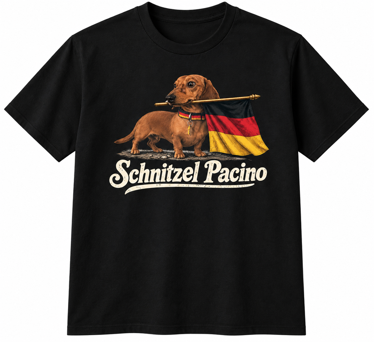 Black Schnitzel Pacino German flag dachshund tee front mockup