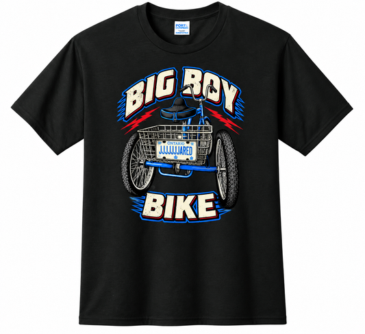 Jared Nathan Big Boy Bike graphic T-shirt showing retro three-wheel bicycle artwork.