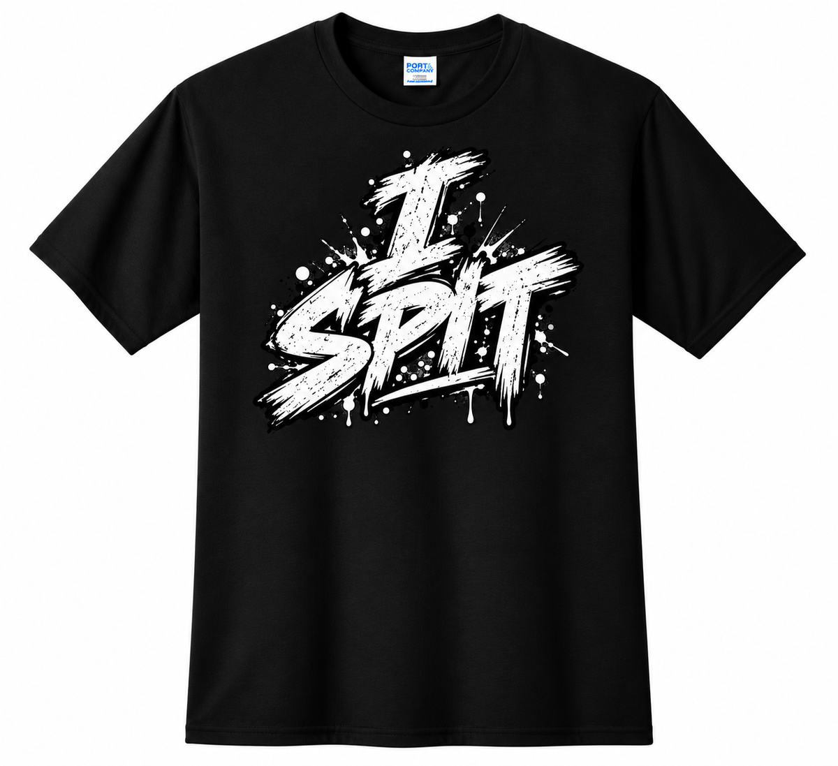 Black Jared Nathan I SPIT graphic T-shirt featuring bold graffiti-style front lettering.