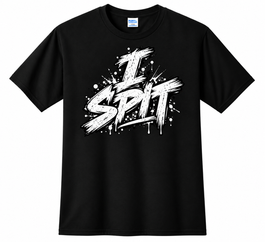Black Jared Nathan I SPIT graphic T-shirt featuring bold graffiti-style front lettering.
