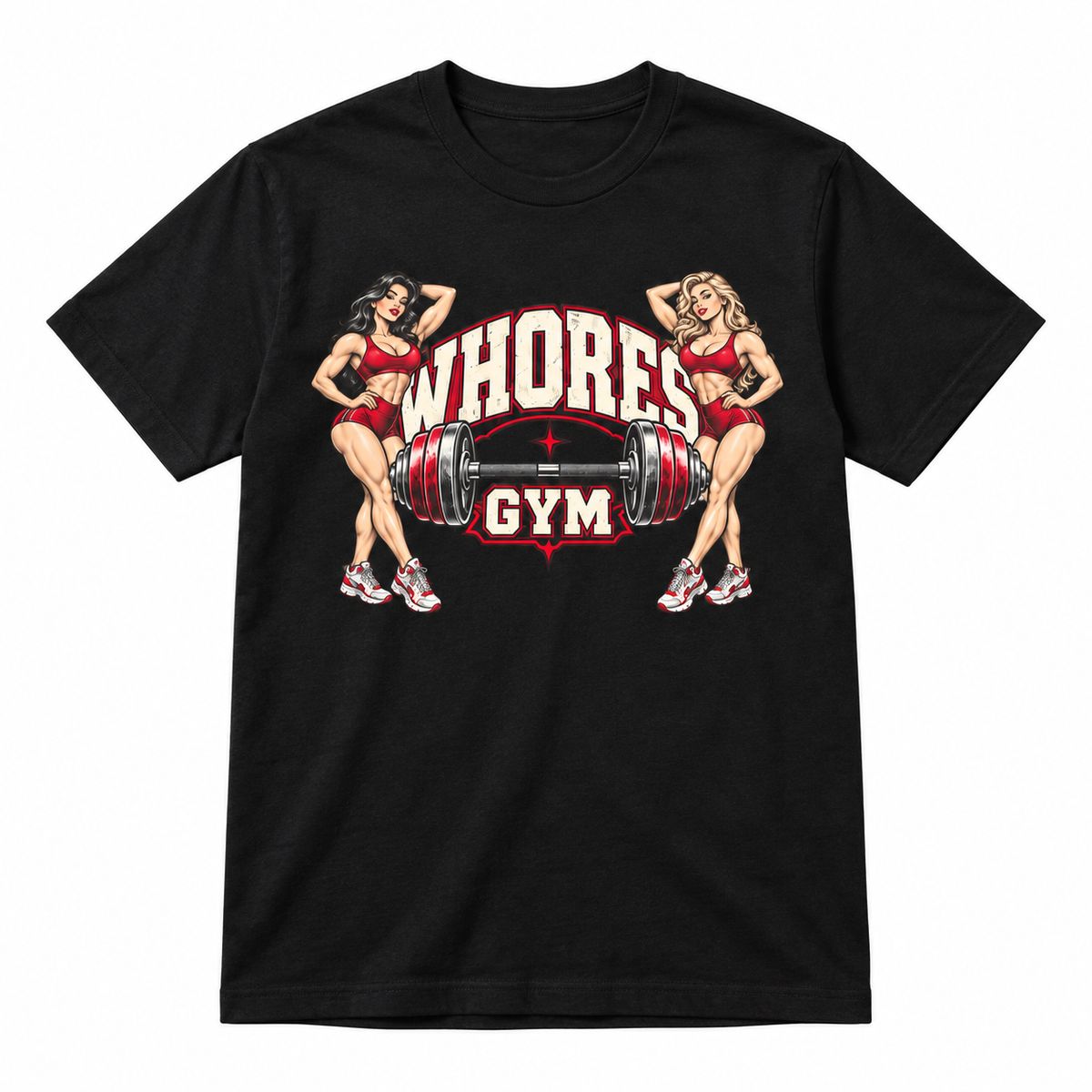 Black Jay Legend WHORES GYM T-shirt with vintage barbell and fitness pinup graphic on the front.