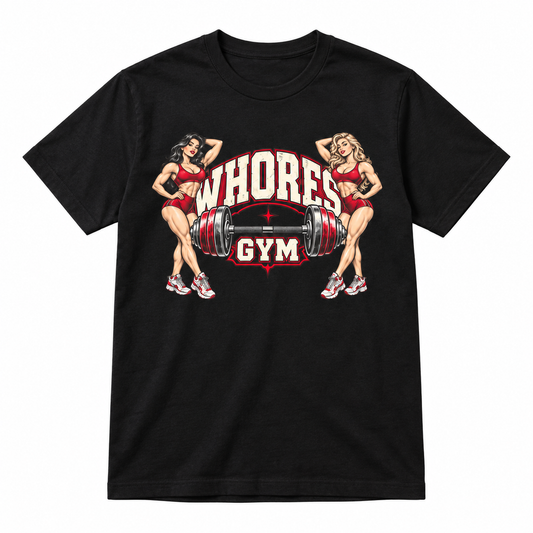Black Jay Legend WHORES GYM T-shirt with vintage barbell and fitness pinup graphic on the front.