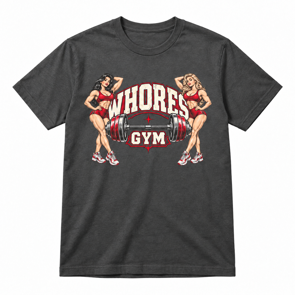 Charcoal gray Jay Legend WHORES GYM graphic T-shirt with retro gym artwork.