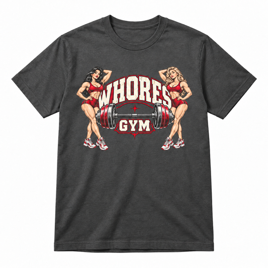 Charcoal gray Jay Legend WHORES GYM graphic T-shirt with retro gym artwork.