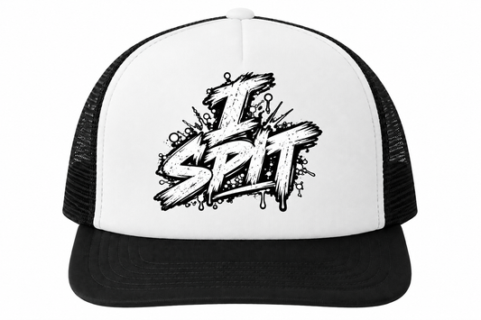 Jared Nathan I SPIT white and black foam-front trucker hat with graffiti lettering.