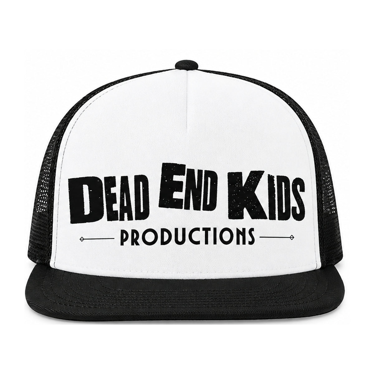 Dead End Kids Productions – White Flat Bill Trucker Hat front view on white background