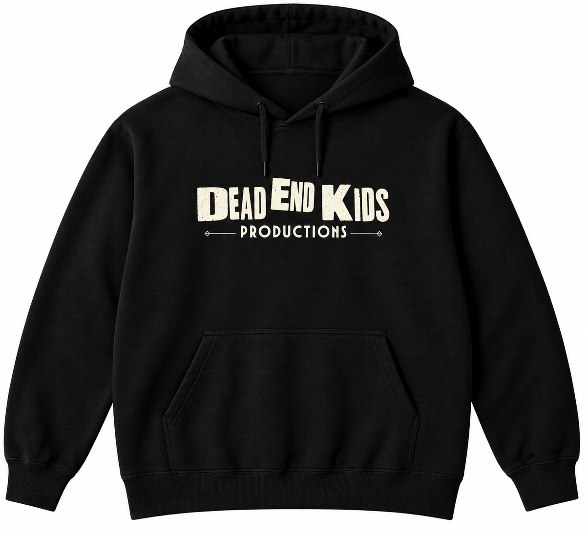 Vintage Cream Dead End Kids Productions logo on black PC78H hoodie