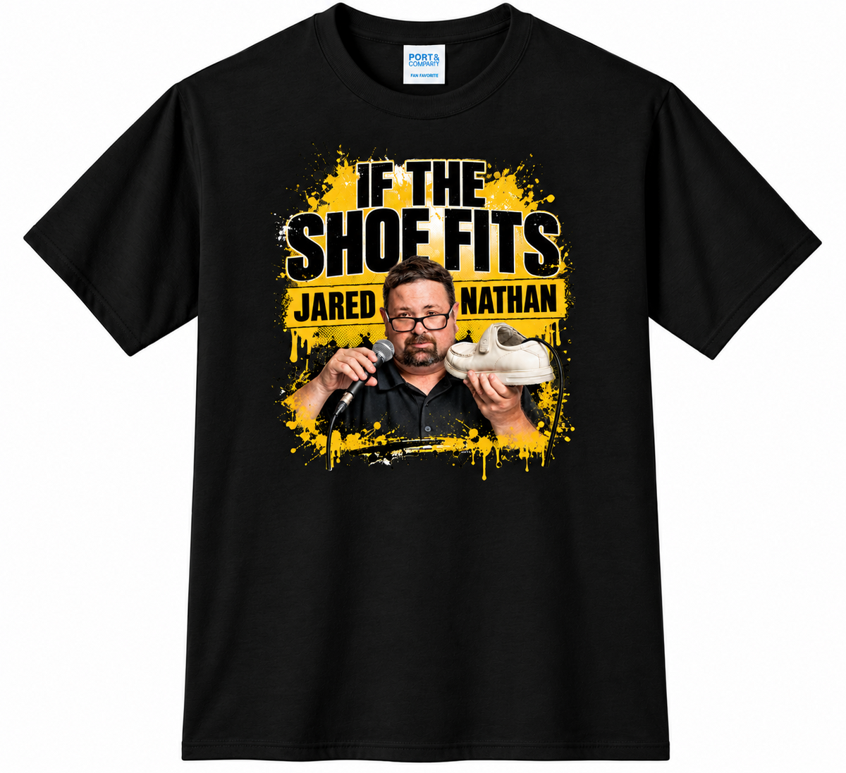 Jared Nathan If the Shoe Fits graphic tee in black, front view