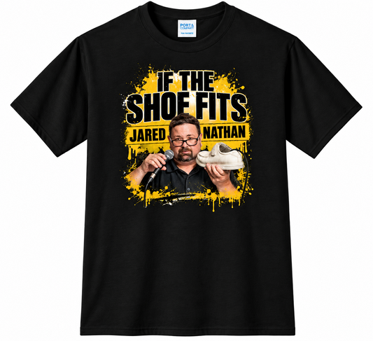 Jared Nathan If the Shoe Fits graphic tee in black, front view